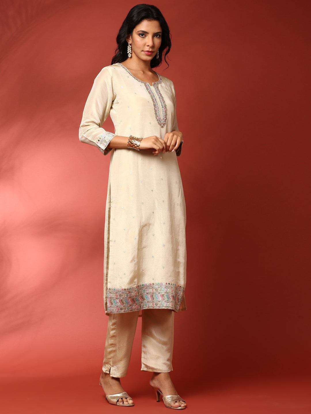 Neerus White crepe hand embroidered suit set - back view