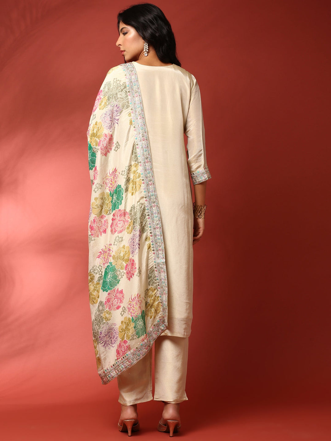 Neerus White crepe hand embroidered suit set - side view