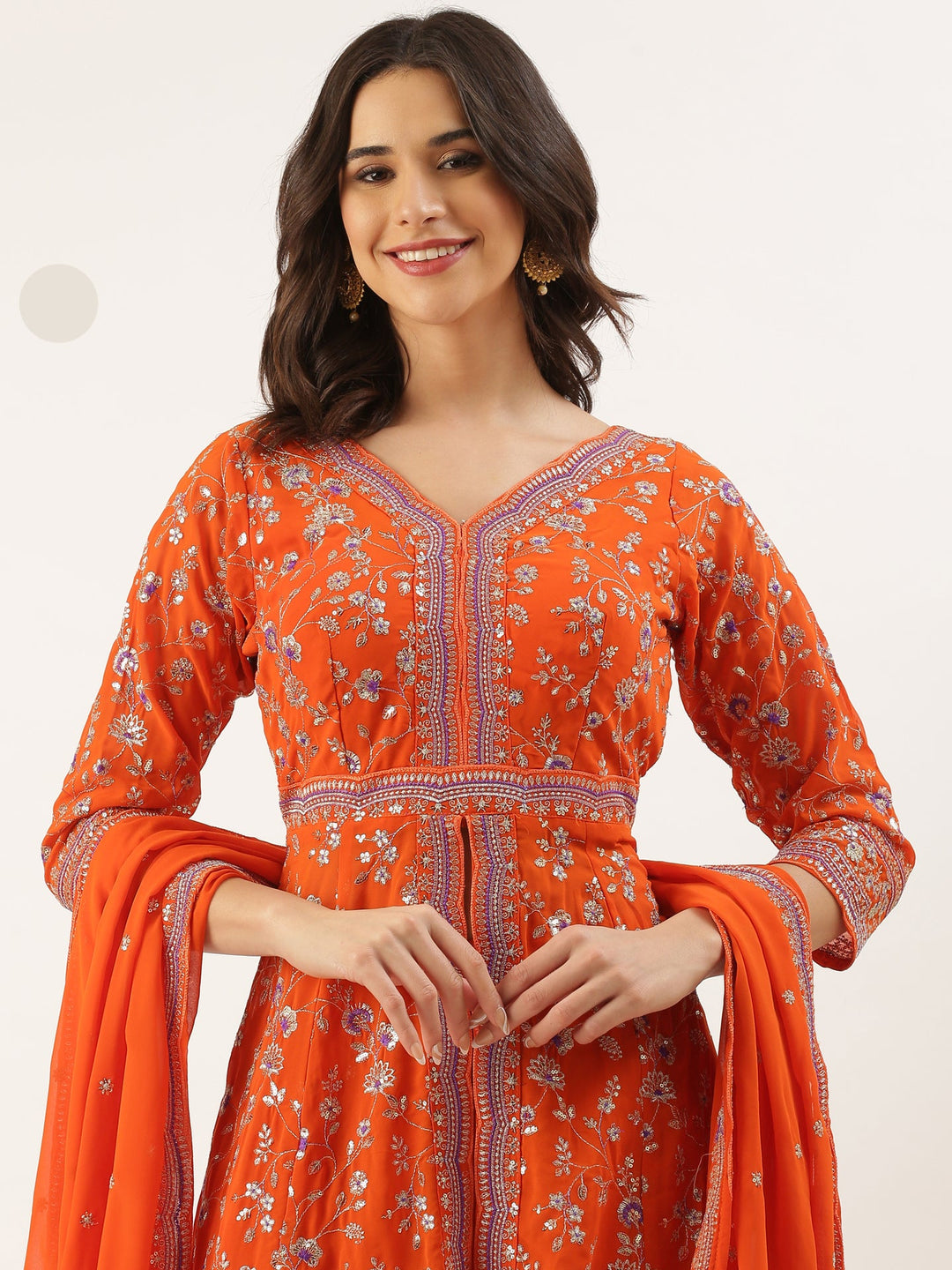 Neerus Orange georgette embroidered suit set - detail view 3