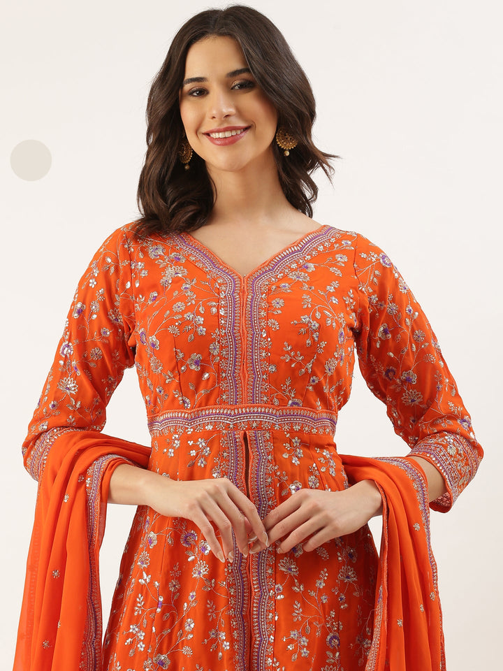 Neerus Orange georgette embroidered suit set - detail view 3