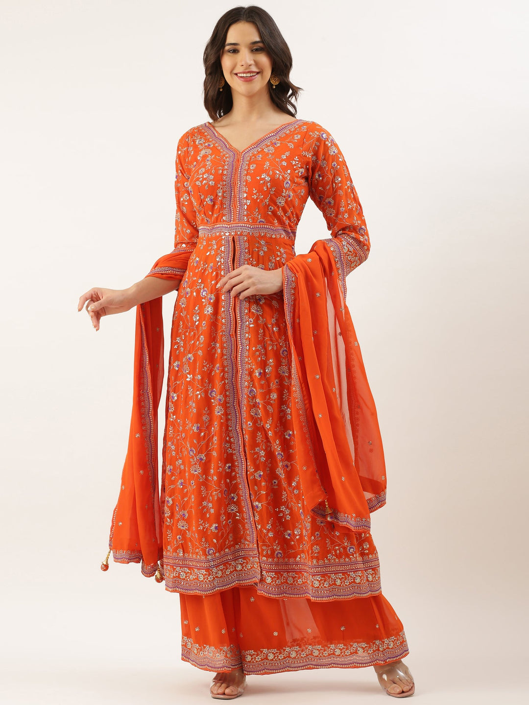 Neerus Orange georgette embroidered suit set - back view