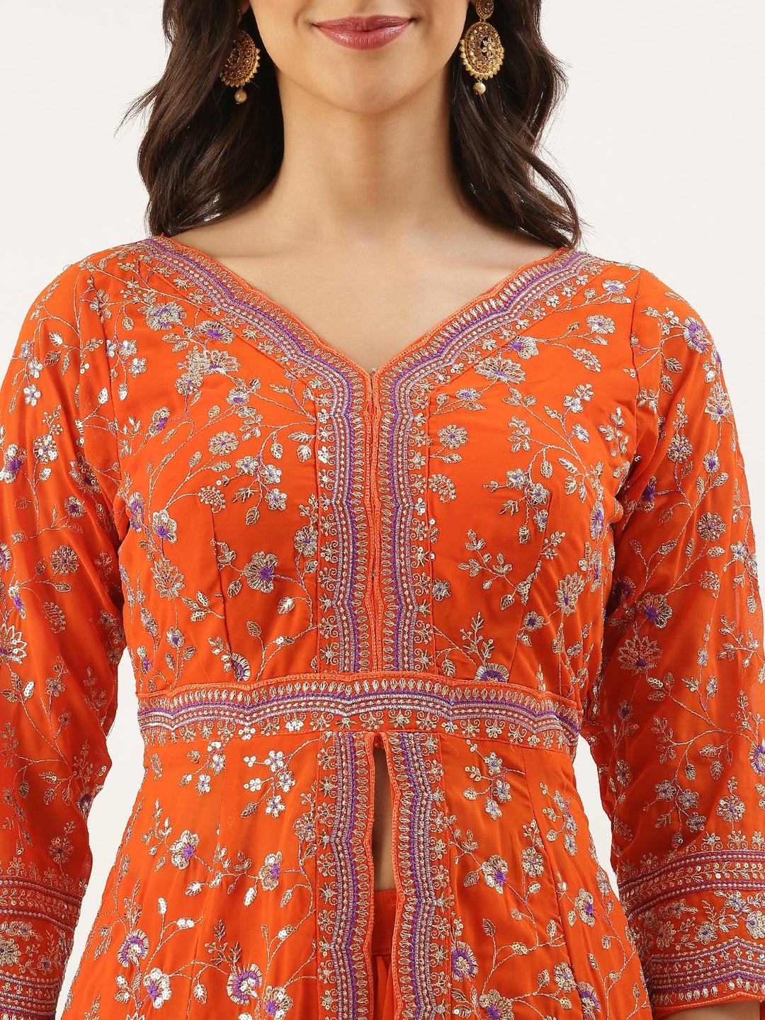 Neerus Orange georgette embroidered suit set - detail view 2