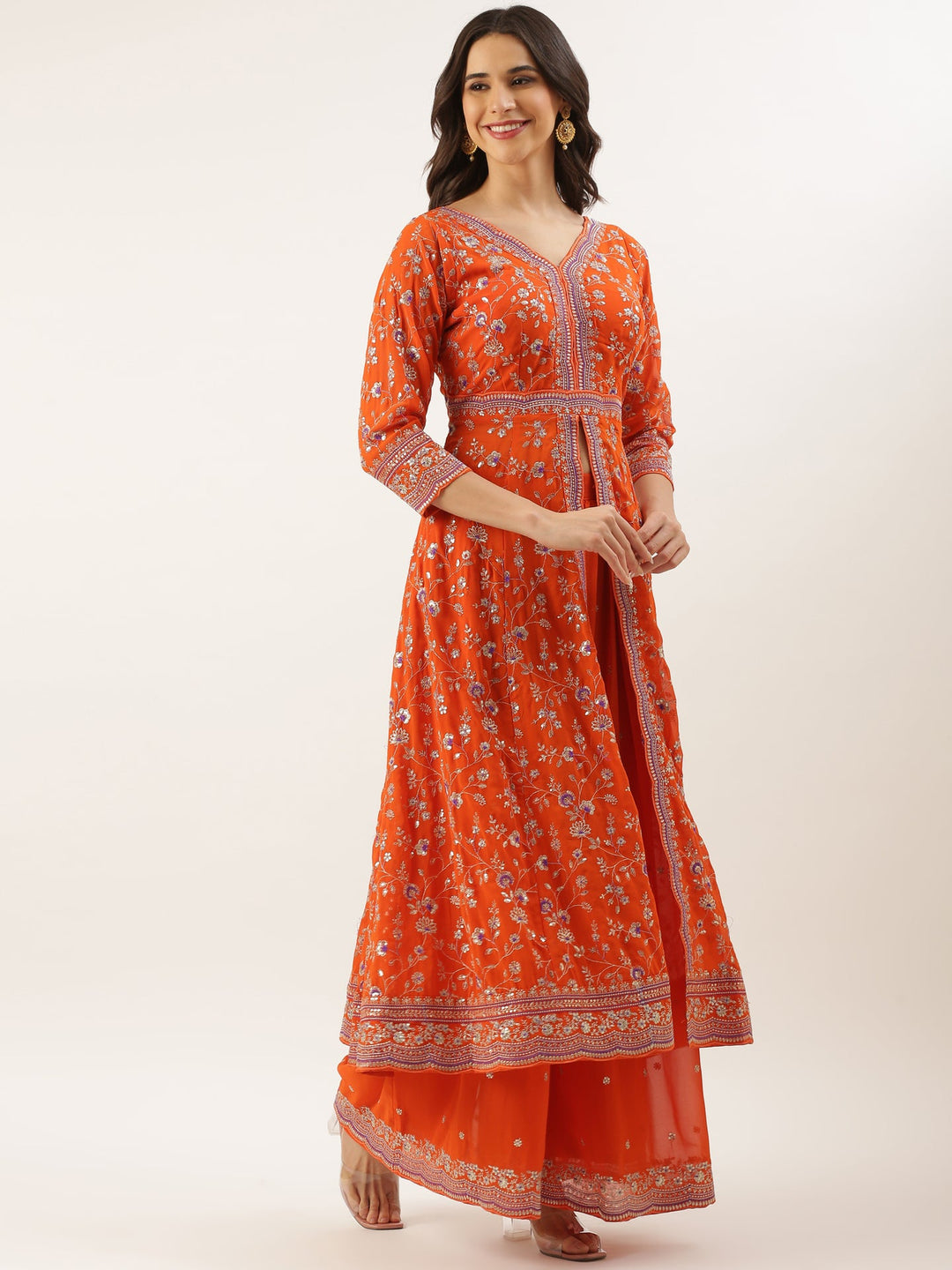 Neerus Orange georgette embroidered suit set - side view