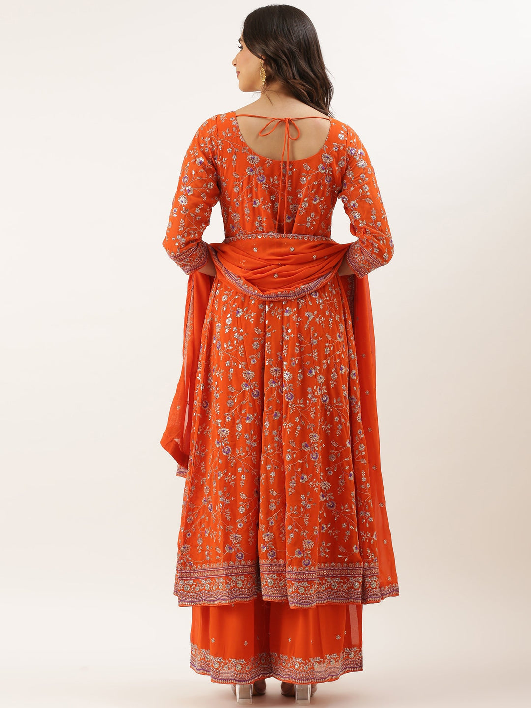 Neerus Orange georgette embroidered suit set - detail view 1