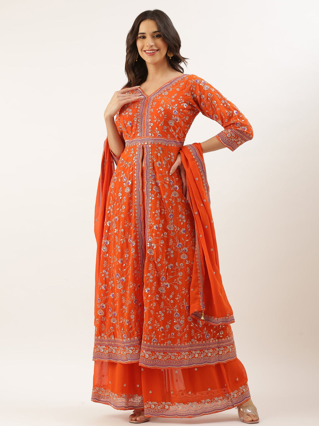 Neerus Orange georgette embroidered suit set - front view