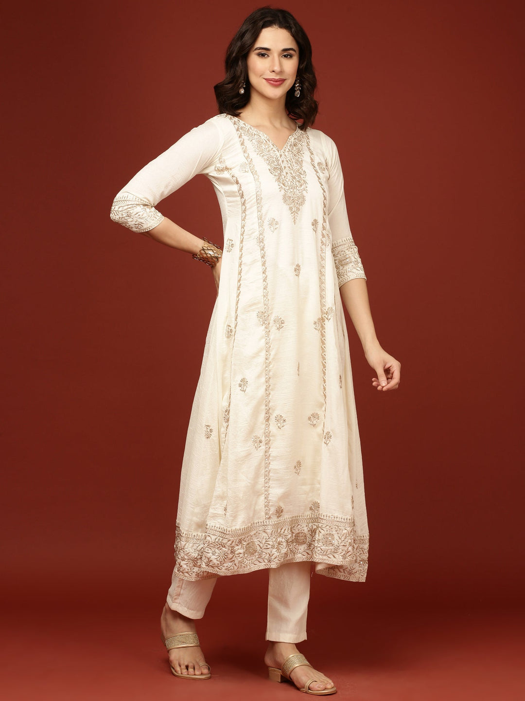 Neerus Beige Silk Suit Set - side view