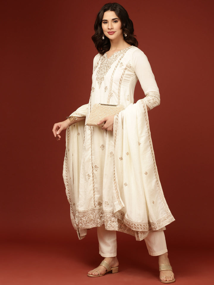 Cream Vichitra Silk Three Piece Set