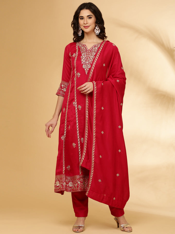 Neerus Red Silk Saree with Blouse and Dupatta - front view