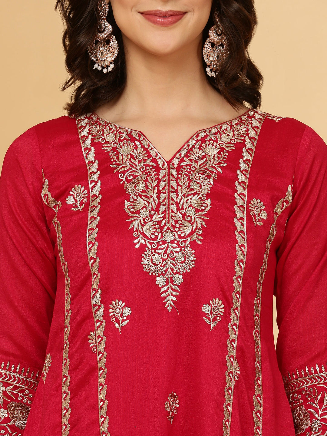 Neerus Red Silk Saree with Blouse and Dupatta - detail view 2