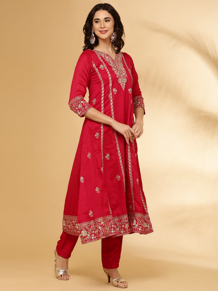 Neerus Red Silk Saree with Blouse and Dupatta - side view