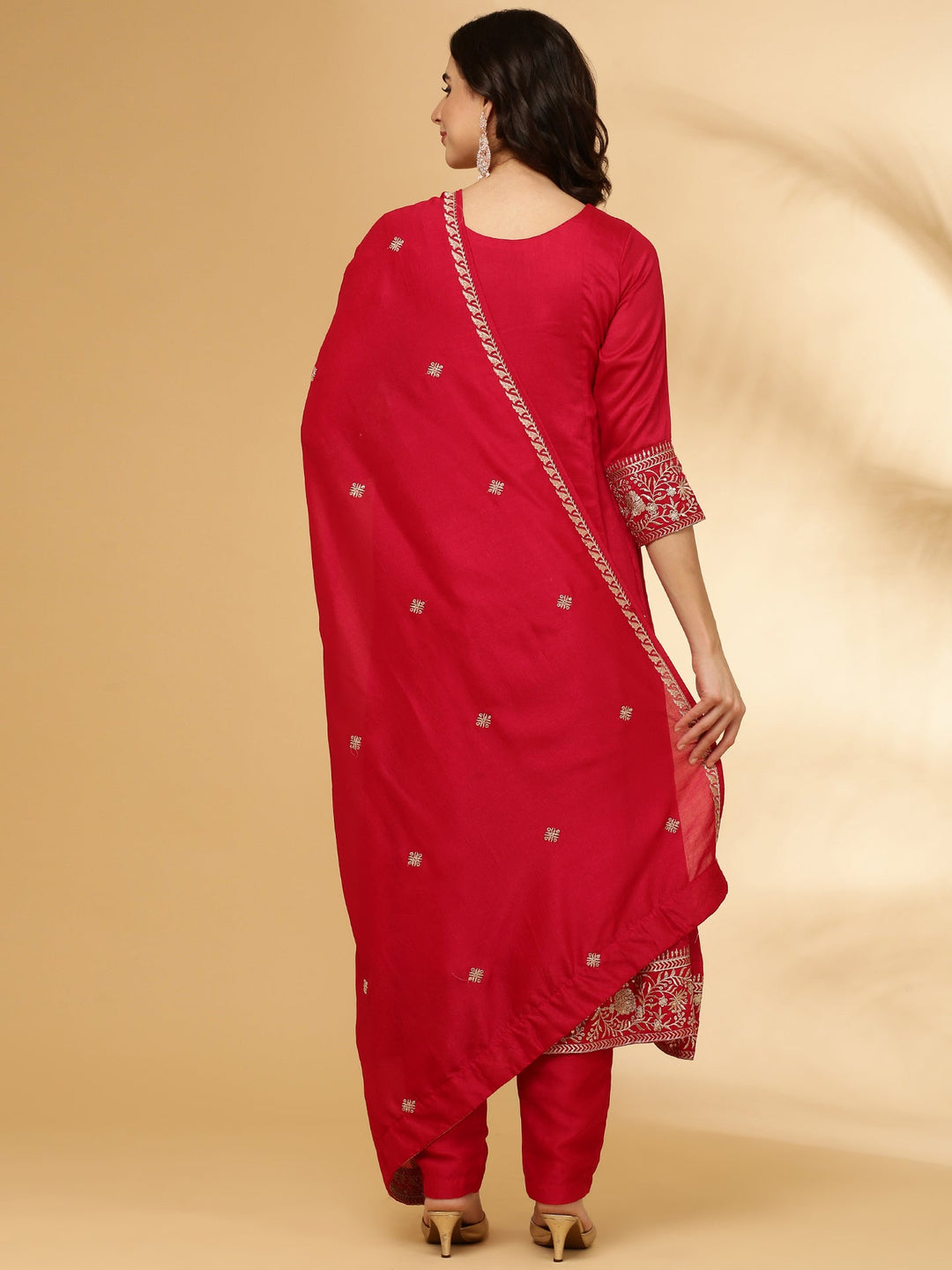 Neerus Red Silk Saree with Blouse and Dupatta - detail view 1