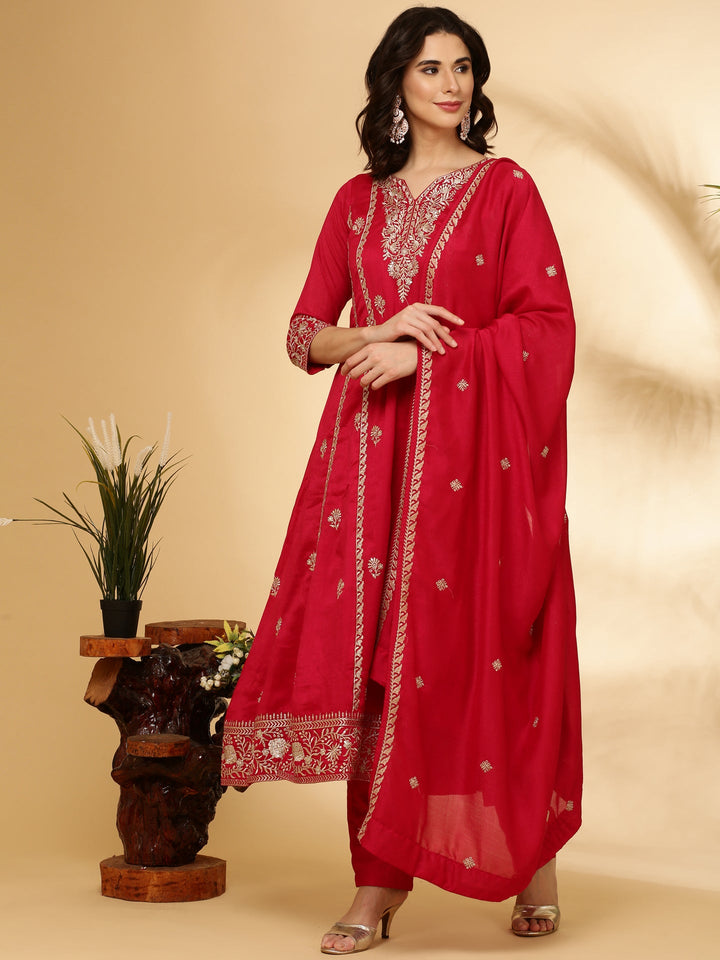 Neerus Red Silk Saree with Blouse and Dupatta - back view