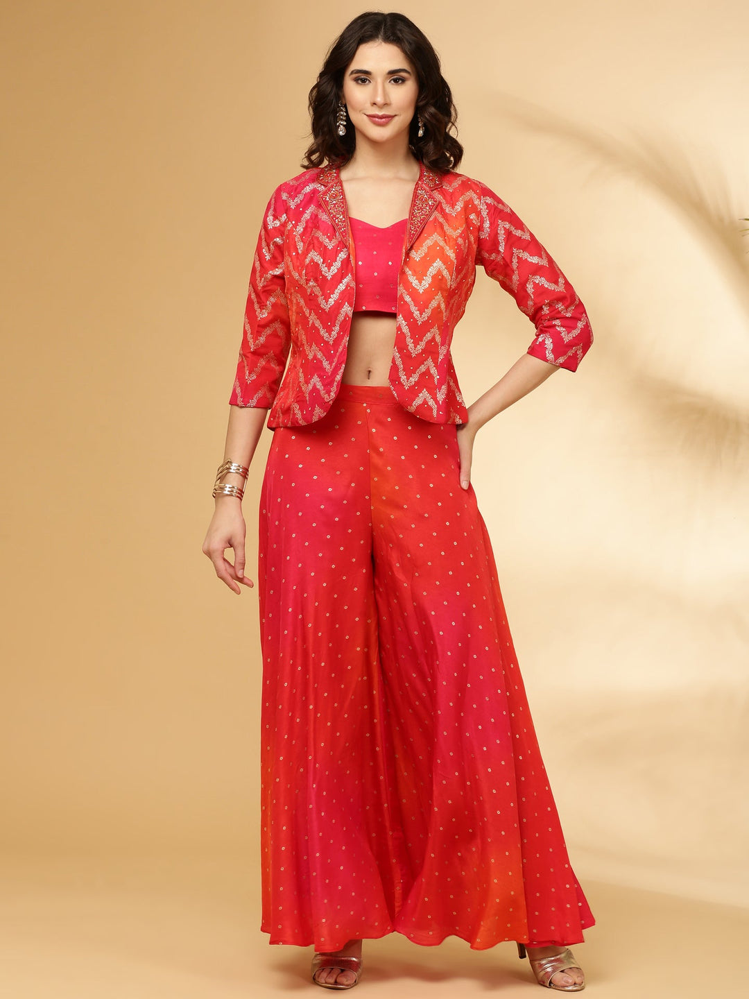 Neerus Pink silk suit set top with palazzo - front view