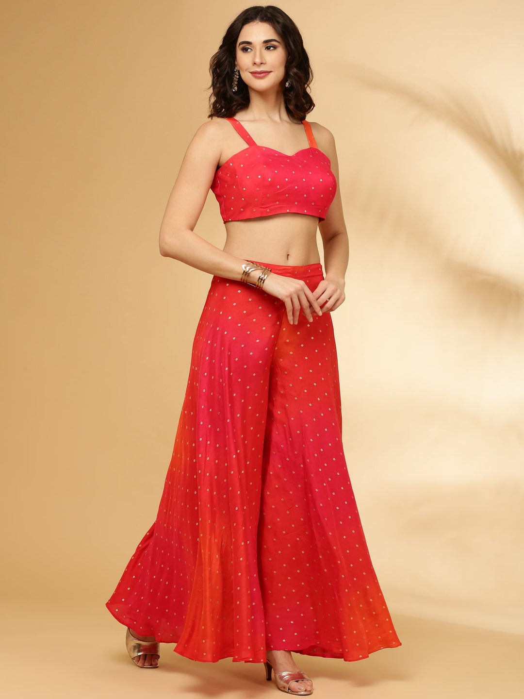 Neerus Pink silk suit set top with palazzo - detail view 1