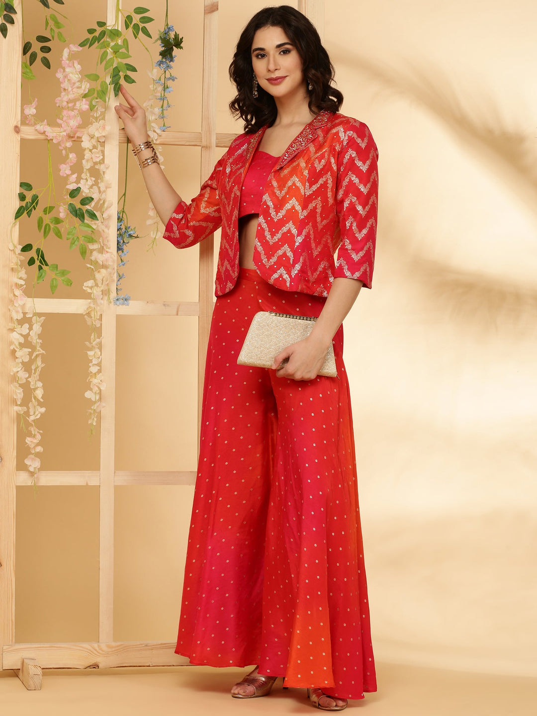 Neerus Pink silk suit set top with palazzo - back view