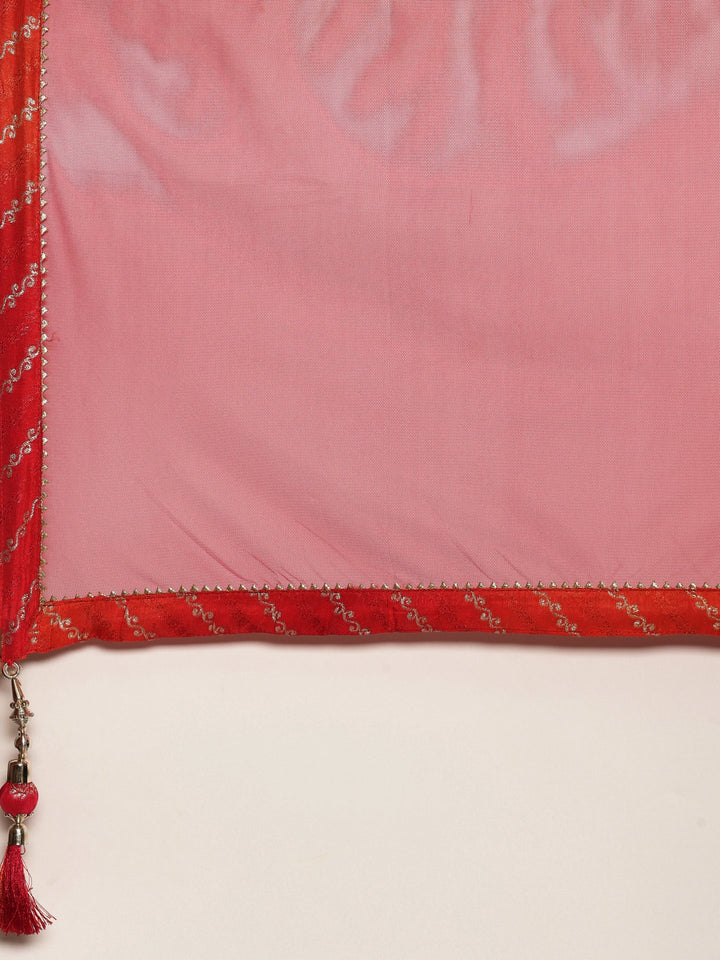 Neerus Red silk embroidered suit set with palazzo and dupatta - detail view 5