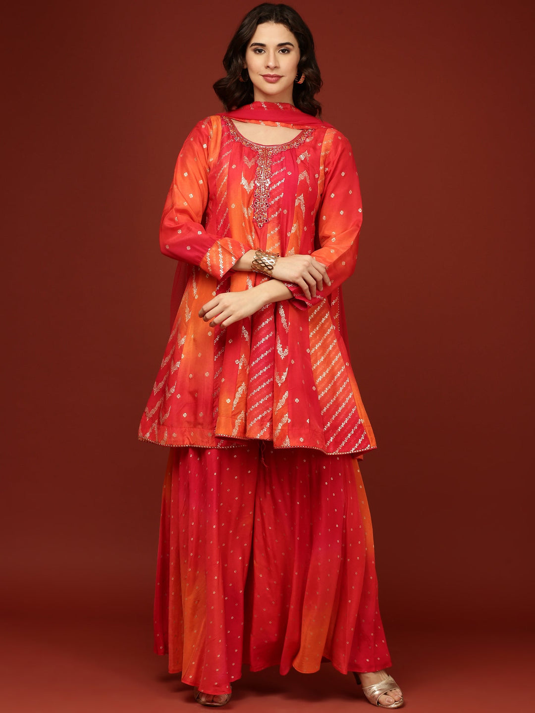 Neerus Red silk embroidered suit set with palazzo and dupatta - back view