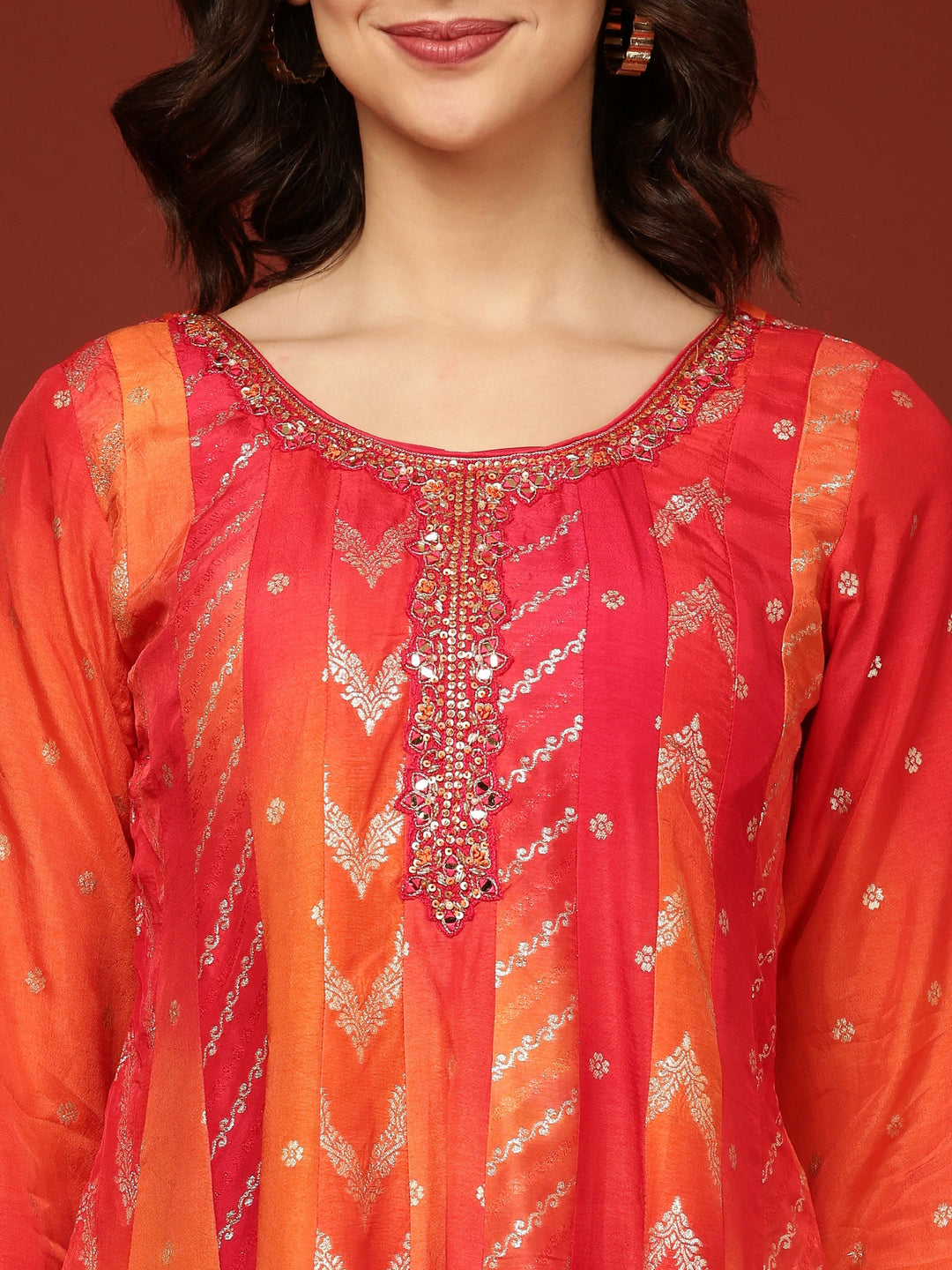 Neerus Red silk embroidered suit set with palazzo and dupatta - detail view 2