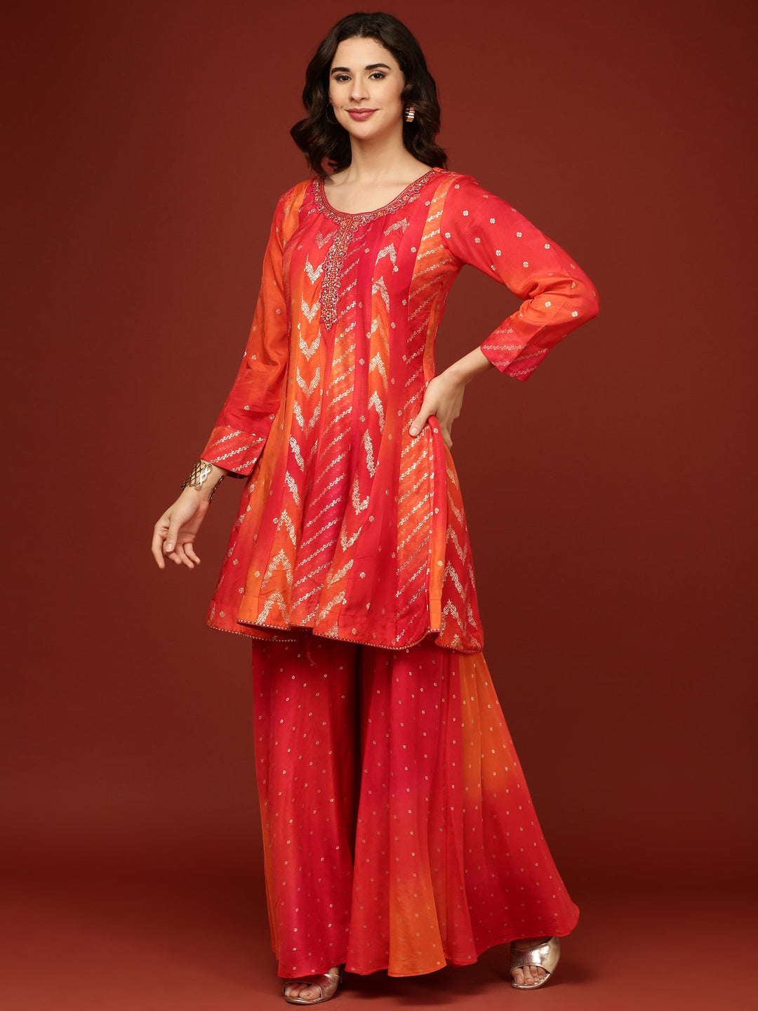 Neerus Red silk embroidered suit set with palazzo and dupatta - front view