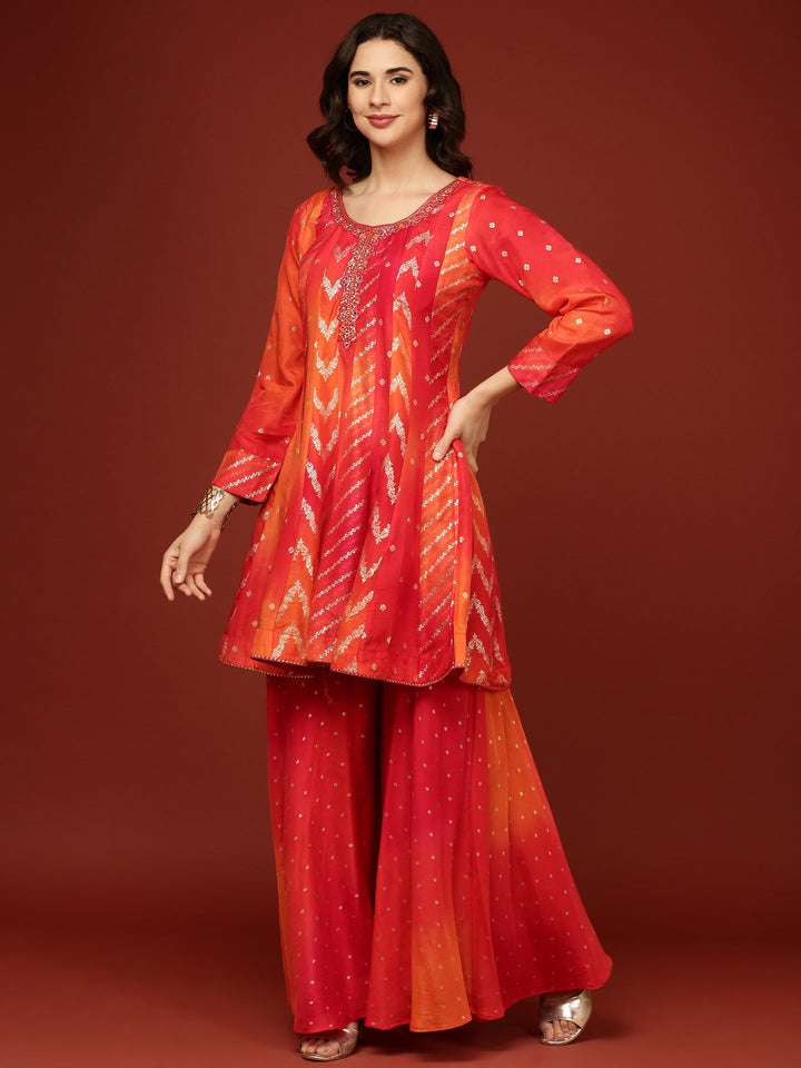 Neerus Red silk embroidered suit set with palazzo and dupatta - front view