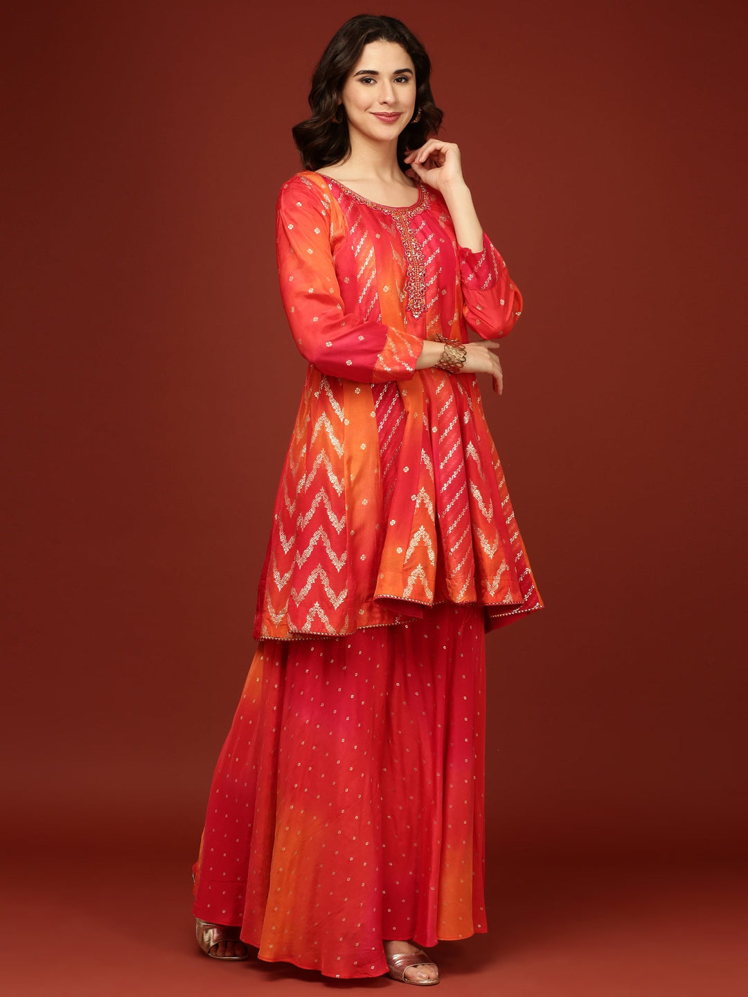 Neerus Red silk embroidered suit set with palazzo and dupatta - side view