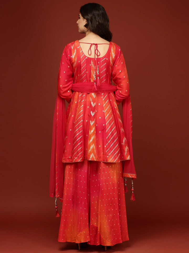 Neerus Red silk embroidered suit set with palazzo and dupatta - detail view 1