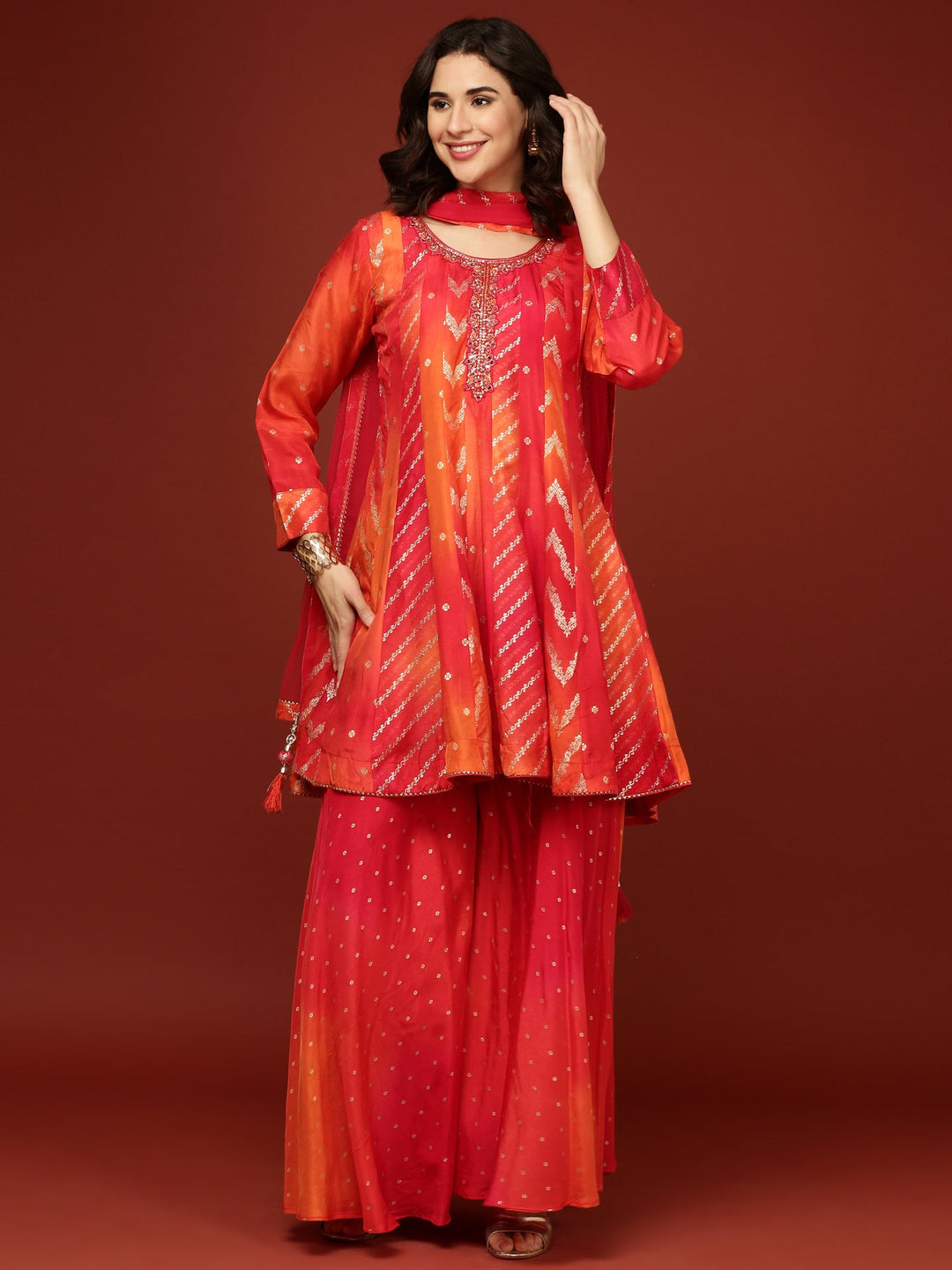 Neerus Red silk embroidered suit set with palazzo and dupatta - detail view 3