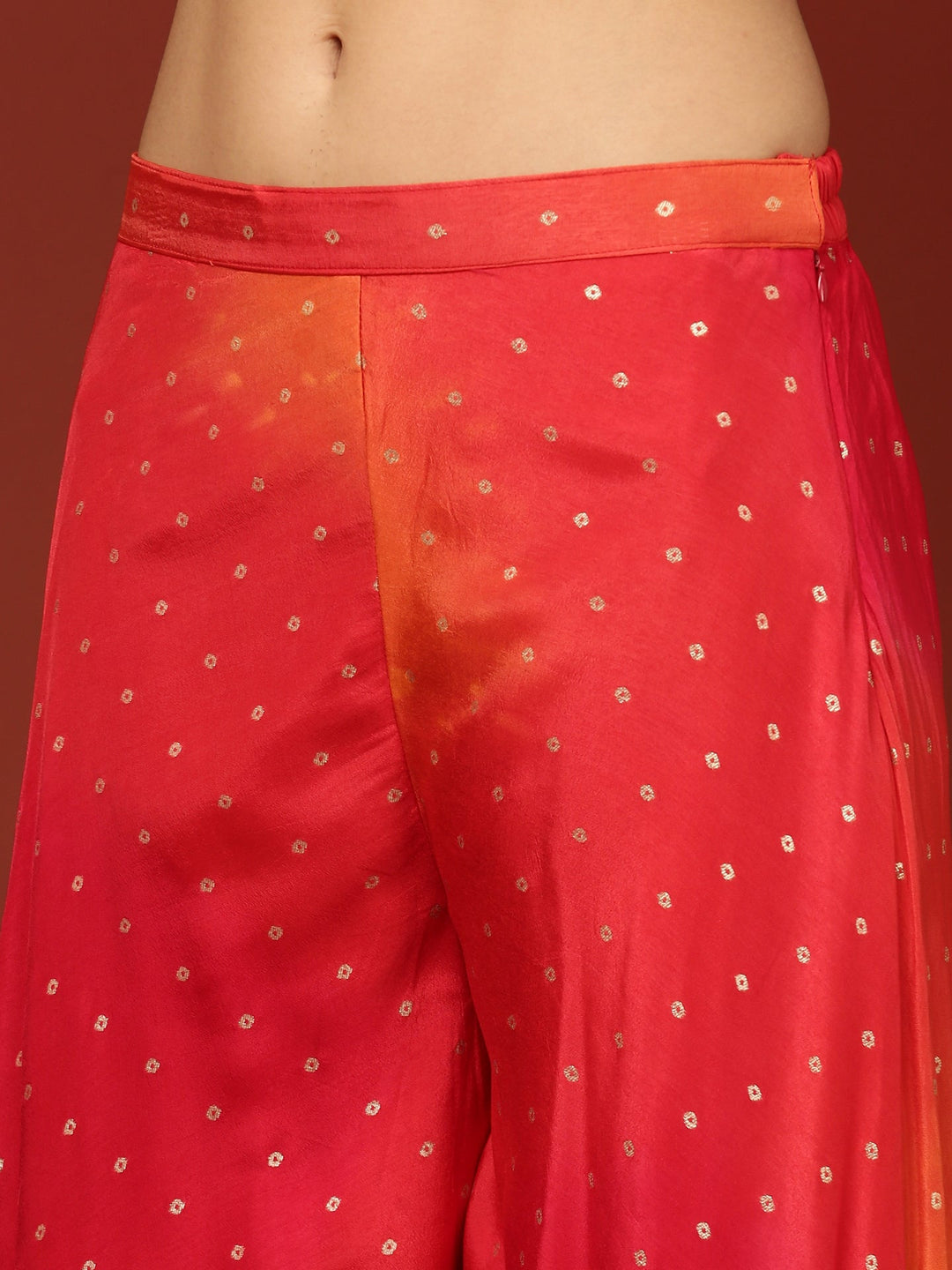 Neerus Red silk embroidered suit set with palazzo and dupatta - detail view 4