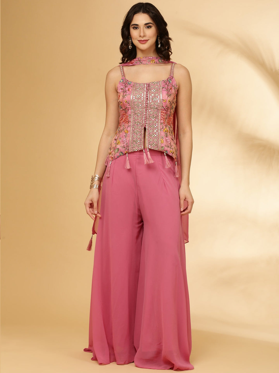 Neerus Pink tissue embroidered crop top palazzo suit set - back view