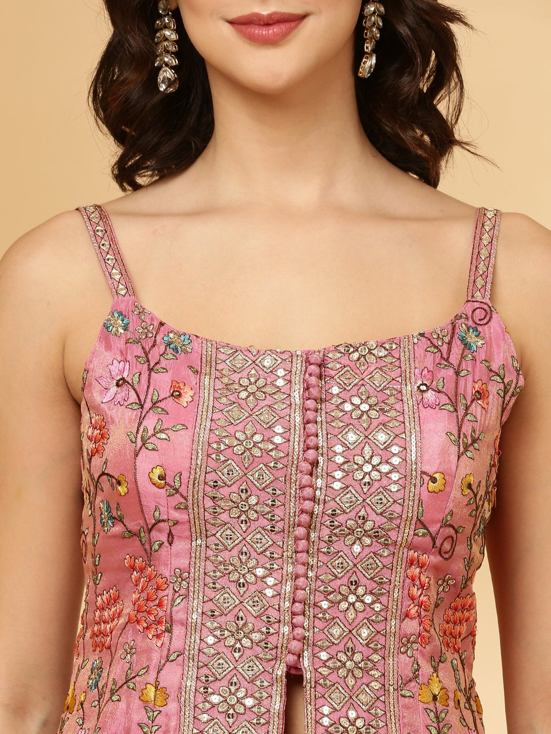 Neerus Pink tissue embroidered crop top palazzo suit set - detail view 2