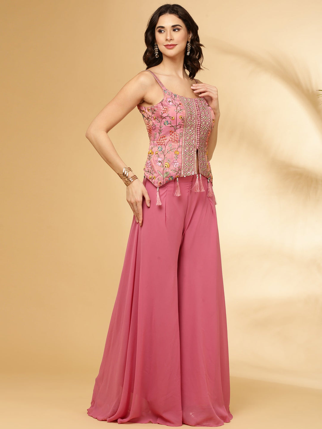 Neerus Pink tissue embroidered crop top palazzo suit set - side view