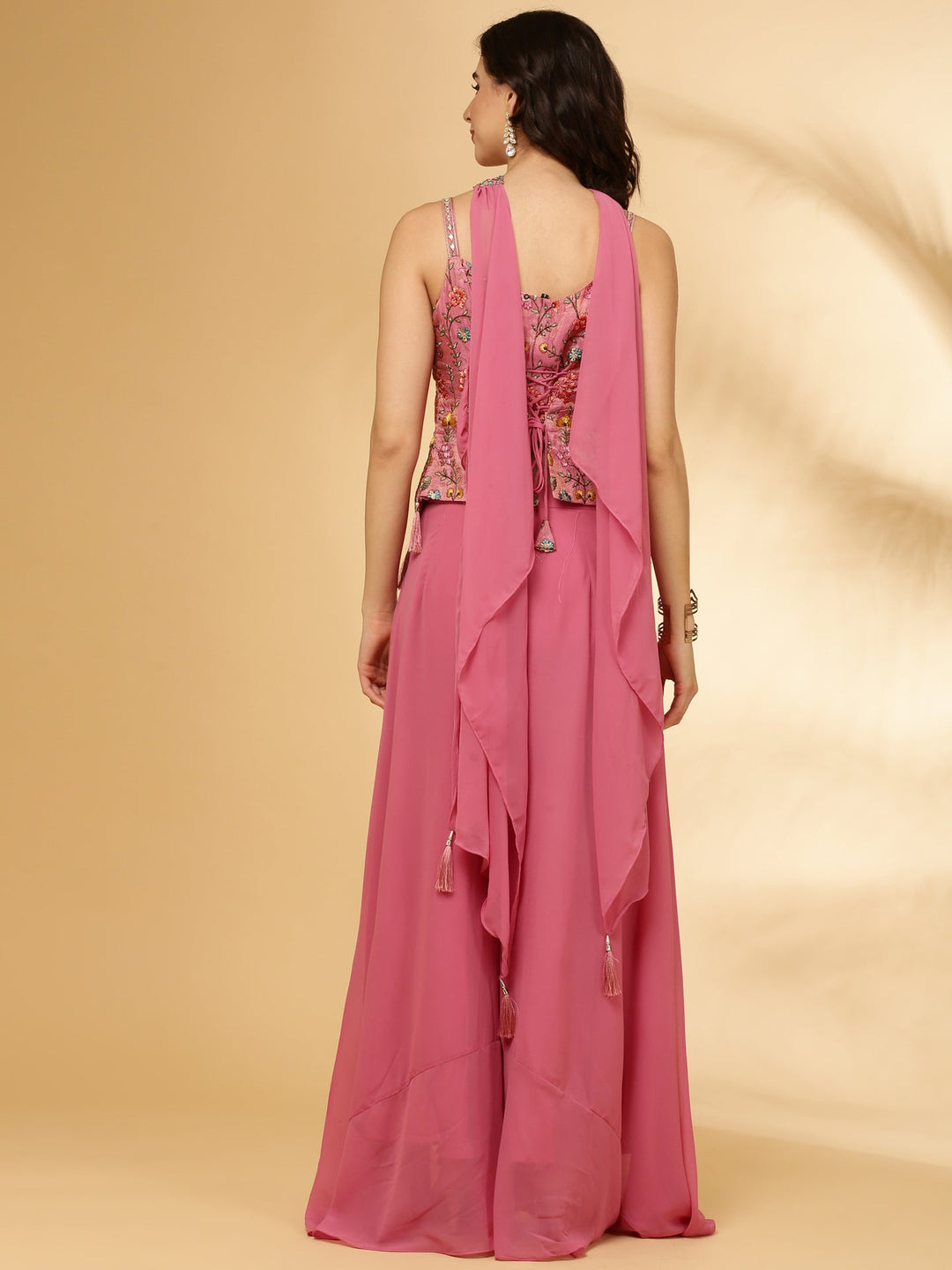 Neerus Pink tissue embroidered crop top palazzo suit set - detail view 1