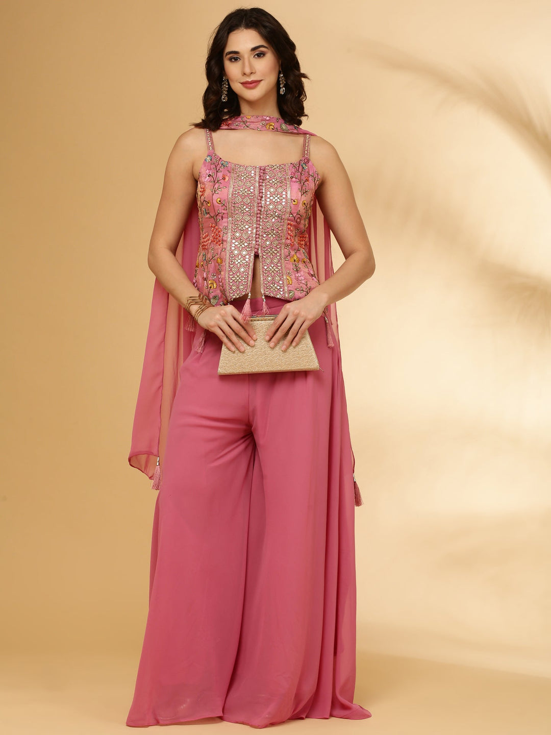 Neerus Pink tissue embroidered crop top palazzo suit set - detail view 3