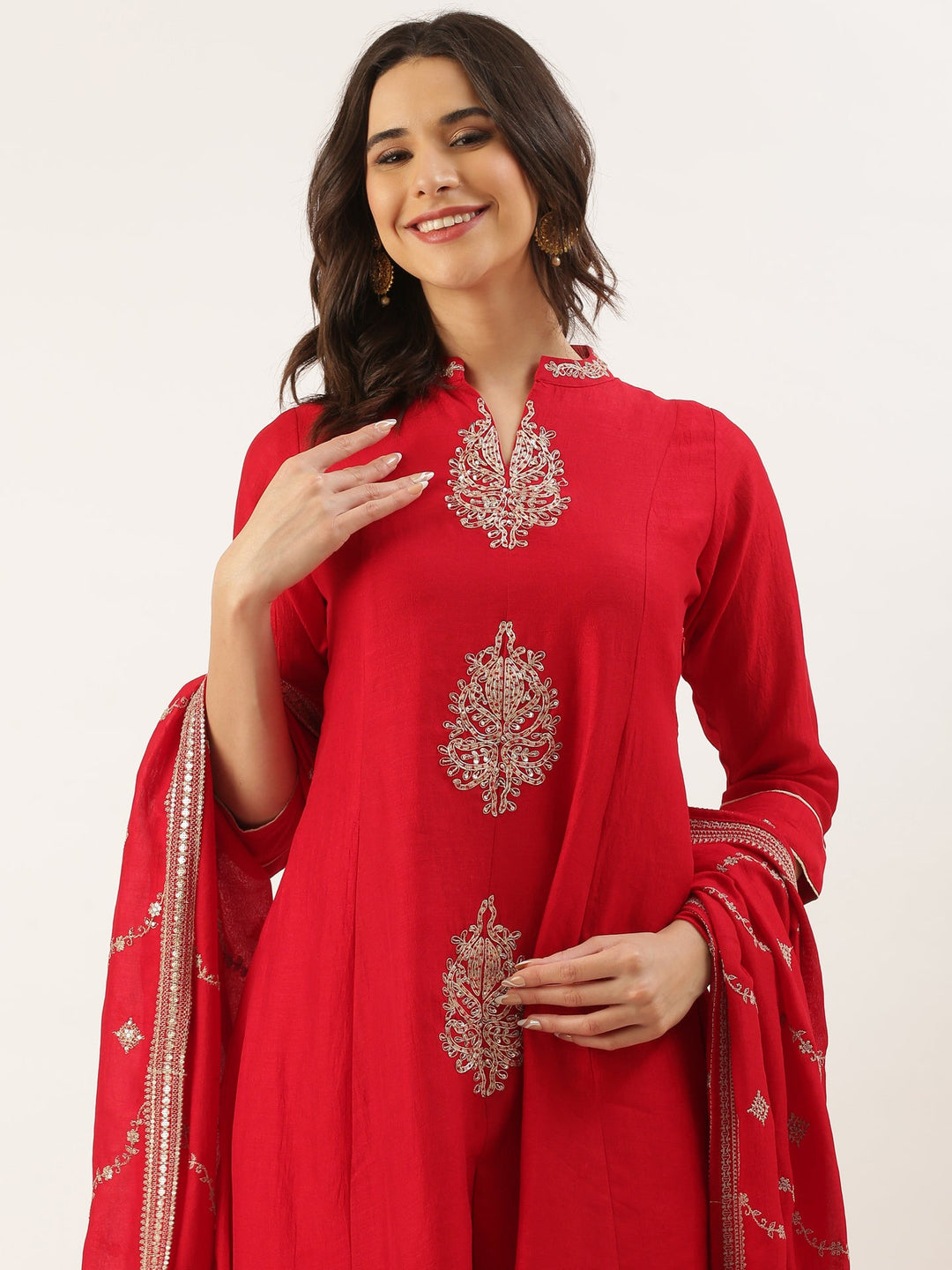 Neerus Red raw silk embroidered suit set - detail view 3