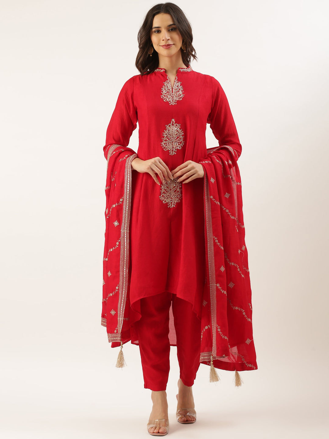 Neerus Red raw silk embroidered suit set - back view