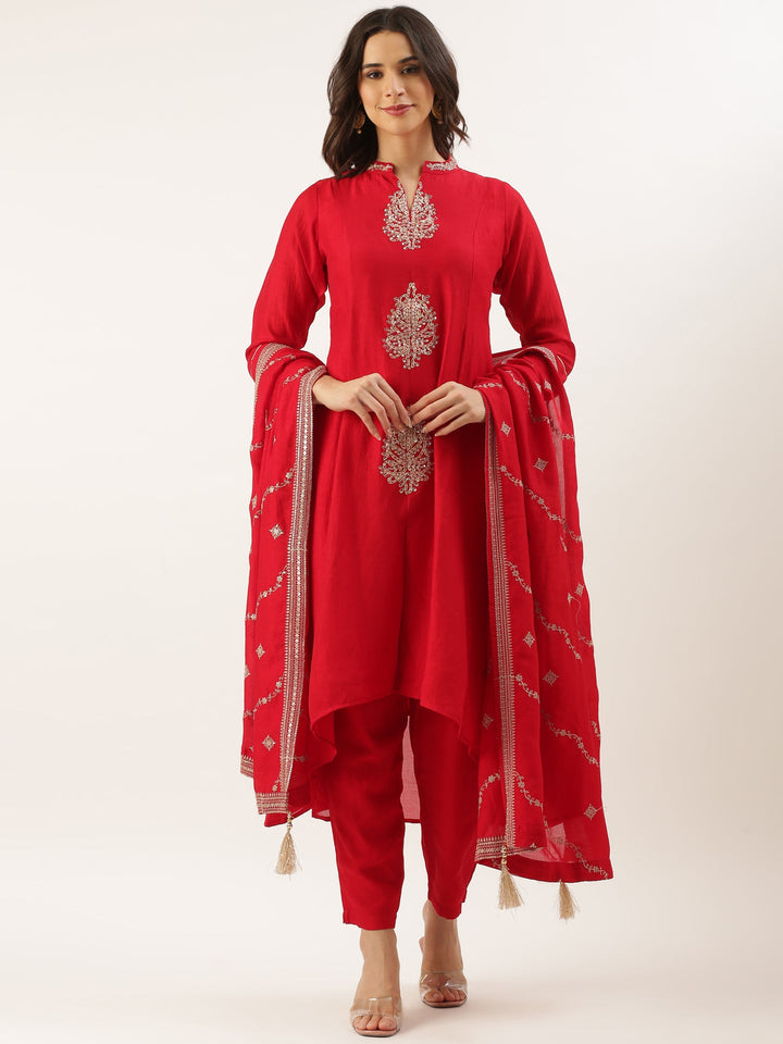Neerus Red raw silk embroidered suit set - back view