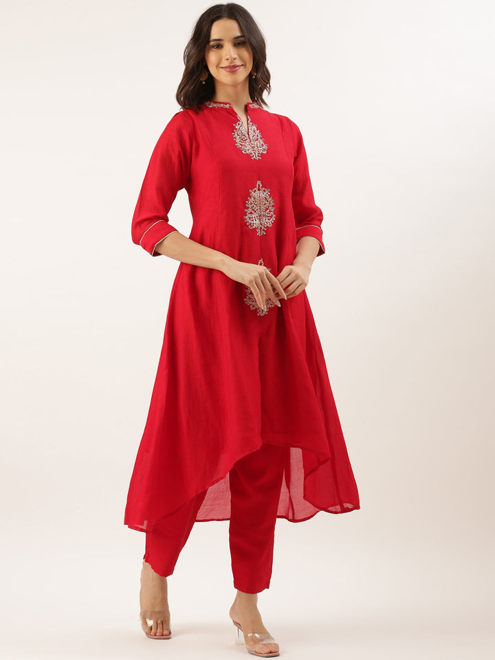Neerus Red raw silk embroidered suit set - side view