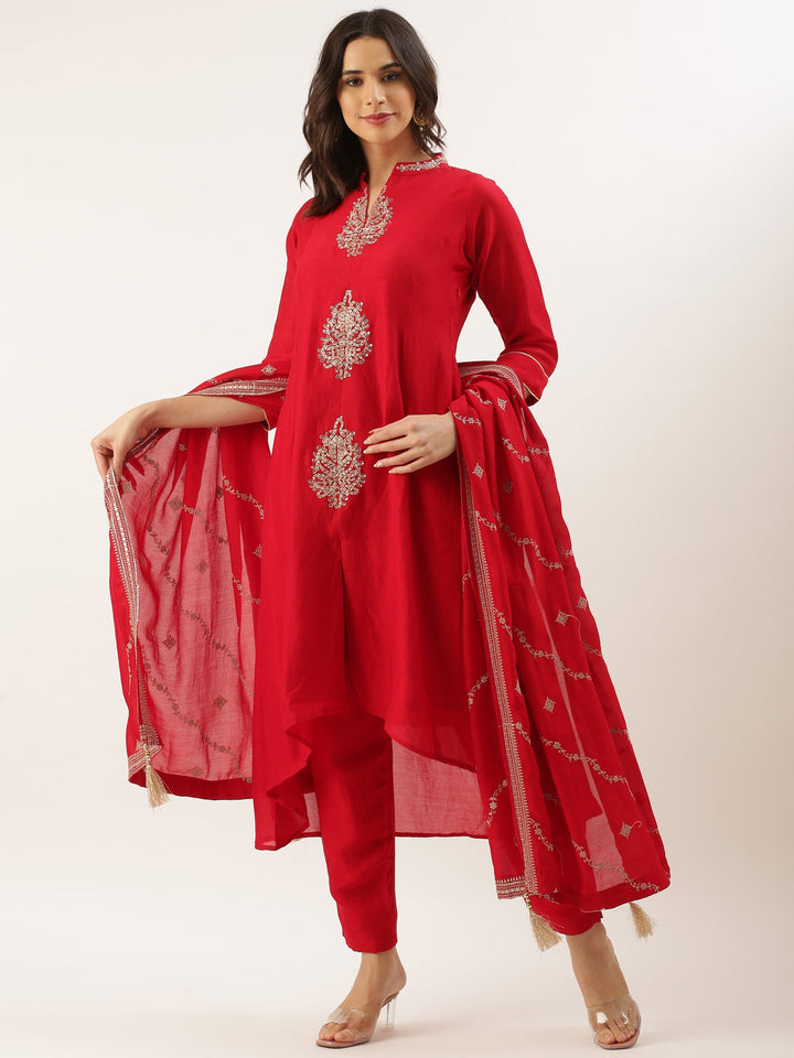 Neerus Red raw silk embroidered suit set - front view