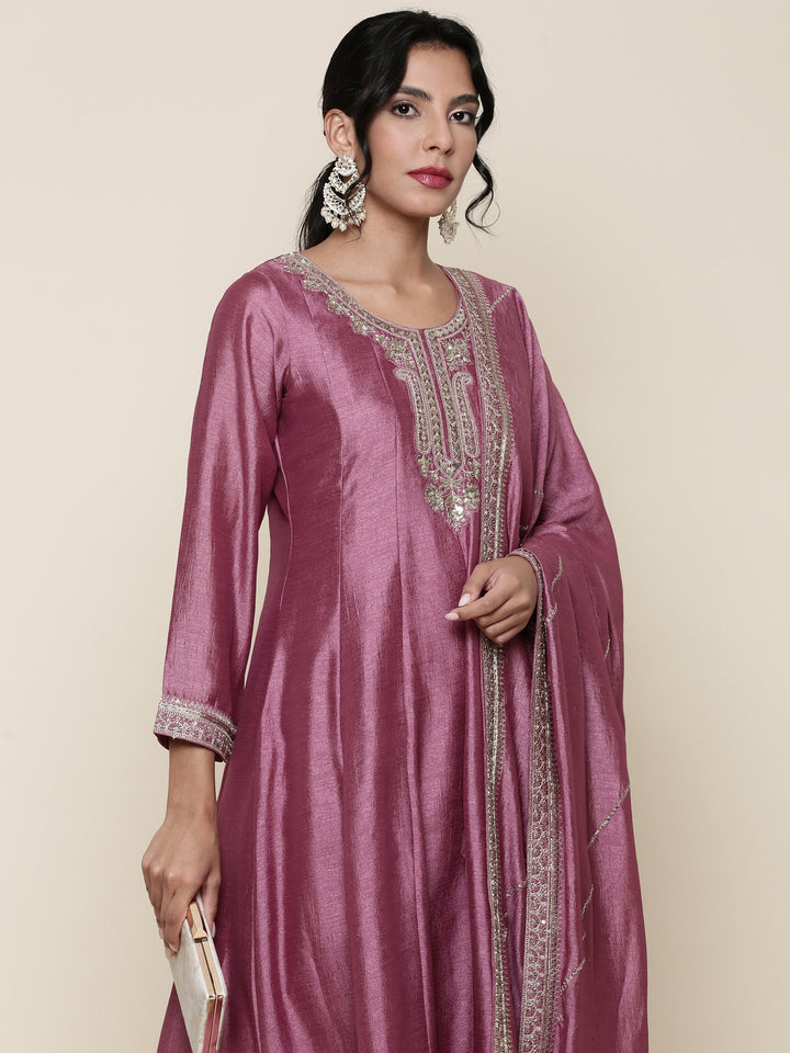 Neerus Pink silk embroidered anarkali suit set - side view