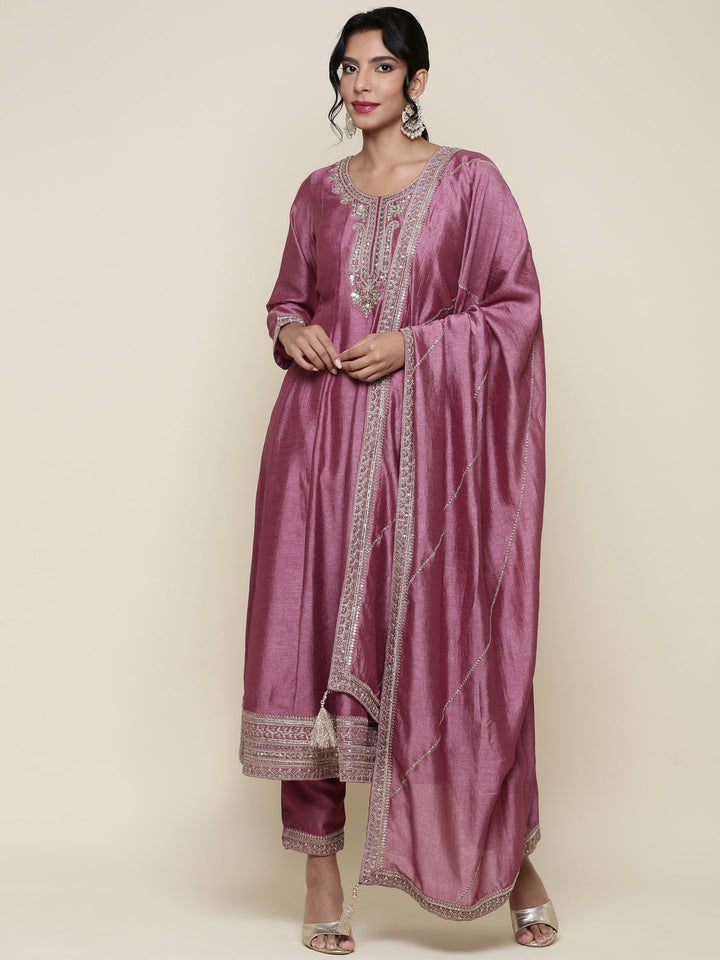 Neerus Pink silk embroidered anarkali suit set - back view