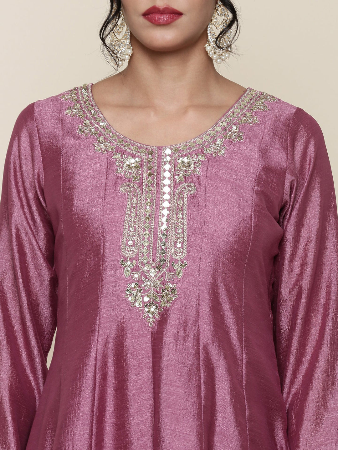 Neerus Pink silk embroidered anarkali suit set - detail view 2