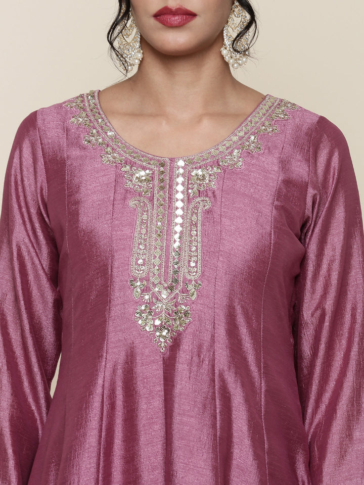 Neerus Pink silk embroidered anarkali suit set - detail view 2