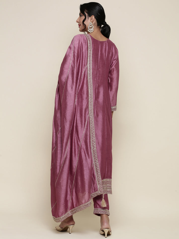 Neerus Pink silk embroidered anarkali suit set - detail view 1