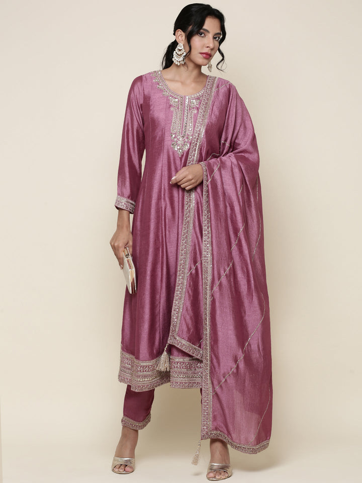 Neerus Pink silk embroidered anarkali suit set - front view