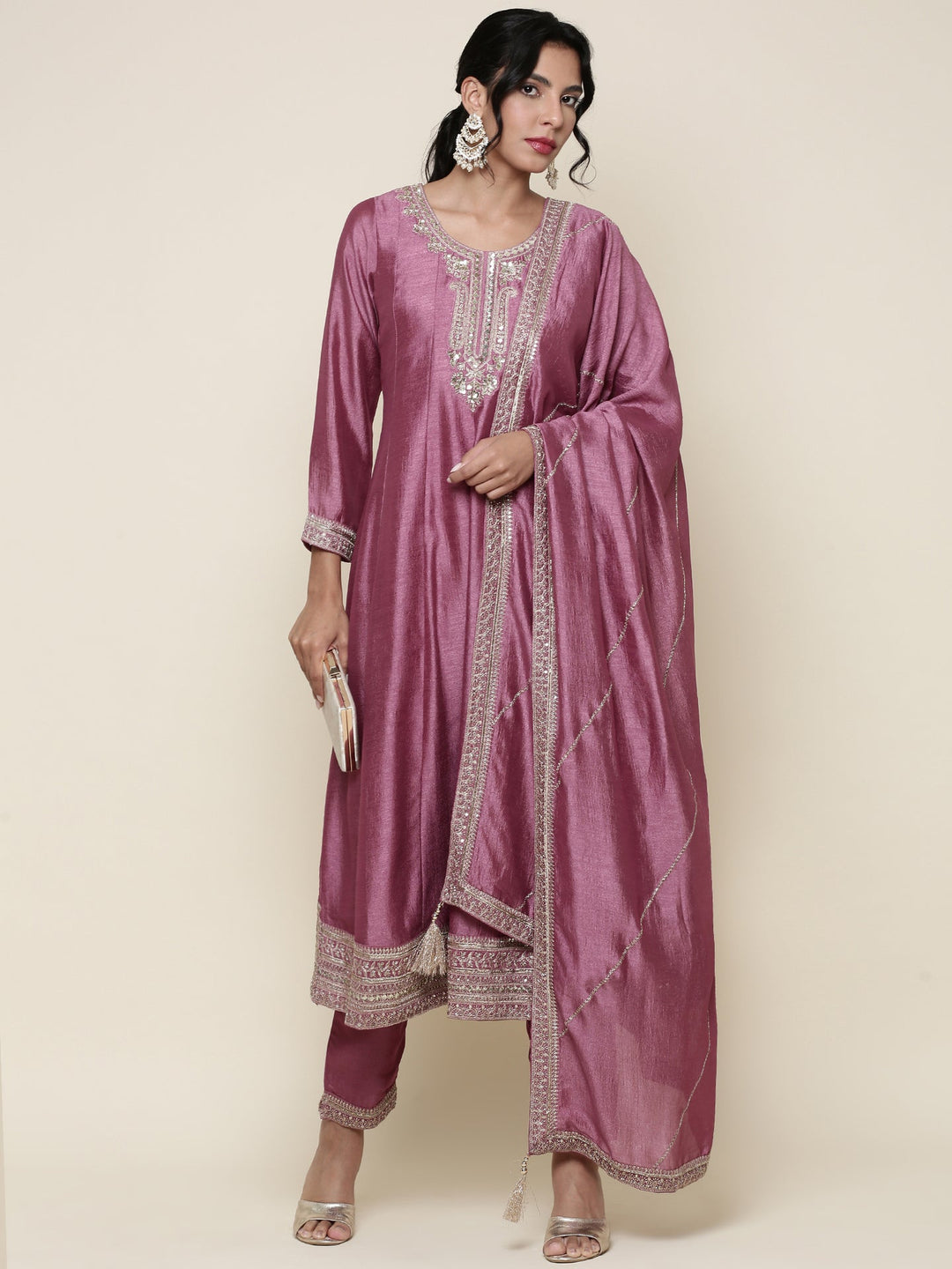 Neerus Pink silk embroidered anarkali suit set - front view