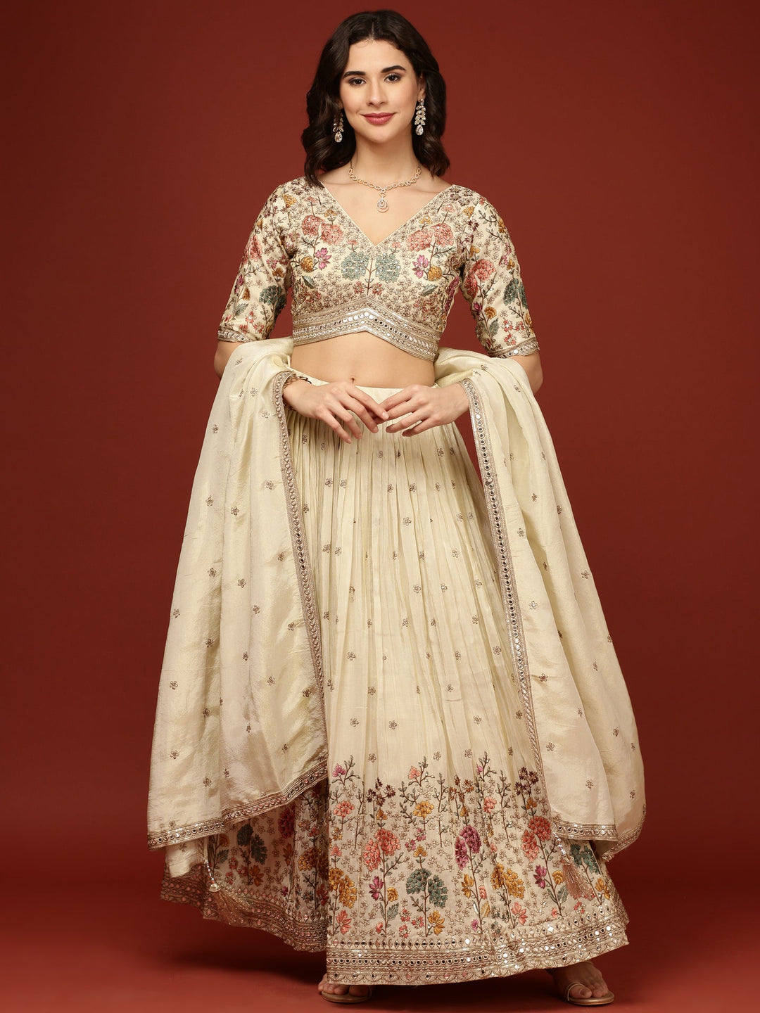 Neerus Beige silk embellished lehenga with floral motifs - front view
