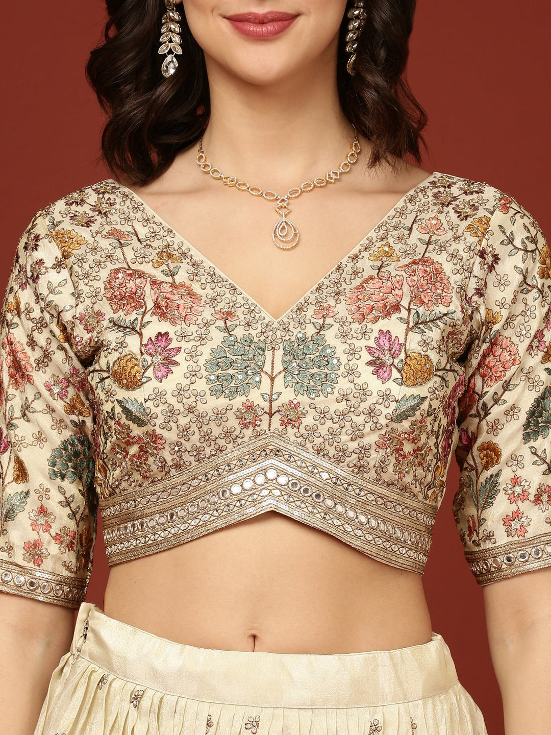 Neerus Beige silk embellished lehenga with floral motifs - detail view 1