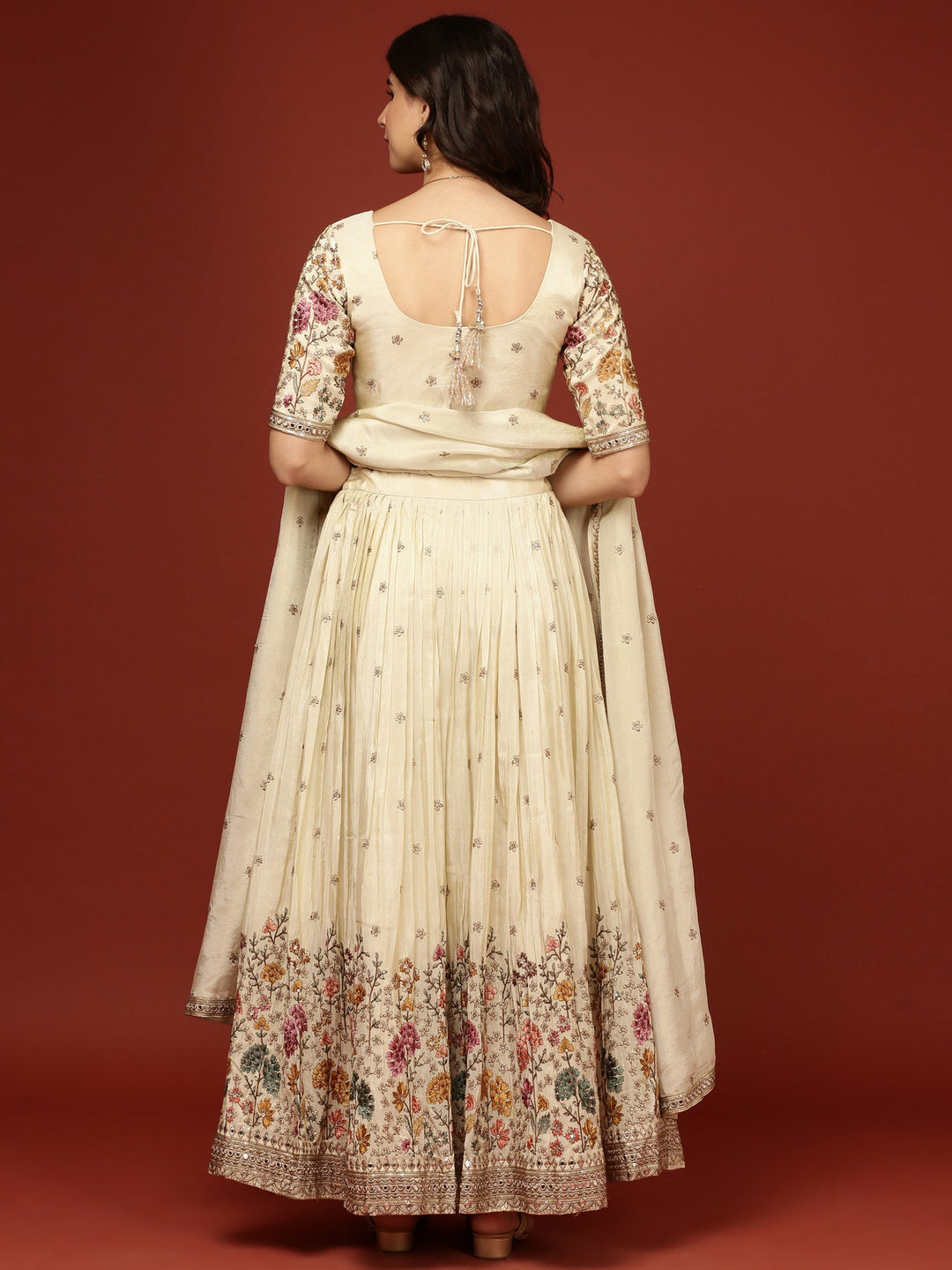 Neerus Beige silk embellished lehenga with floral motifs - side view