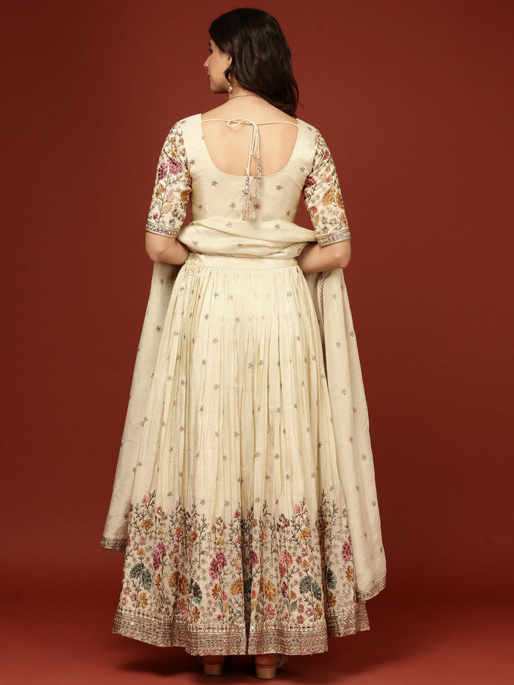 Neerus Beige silk embellished lehenga with floral motifs - side view
