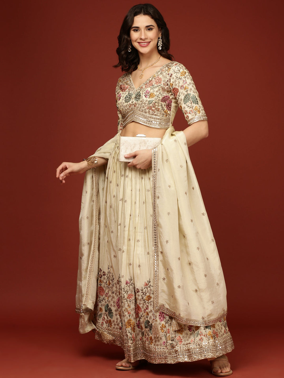 Neerus Beige silk embellished lehenga with floral motifs - detail view 2